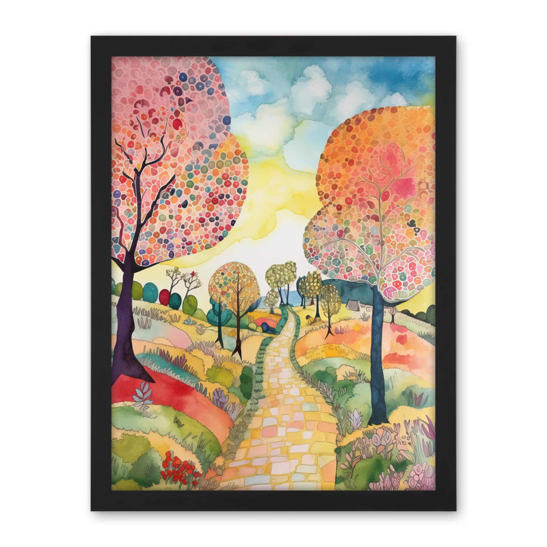 Artery8 Countryside Path With Blooming Flowers And Trees Folk Art Landscape Watercolour Painting Artwork Framed Wall Art Print 18X24 Inch