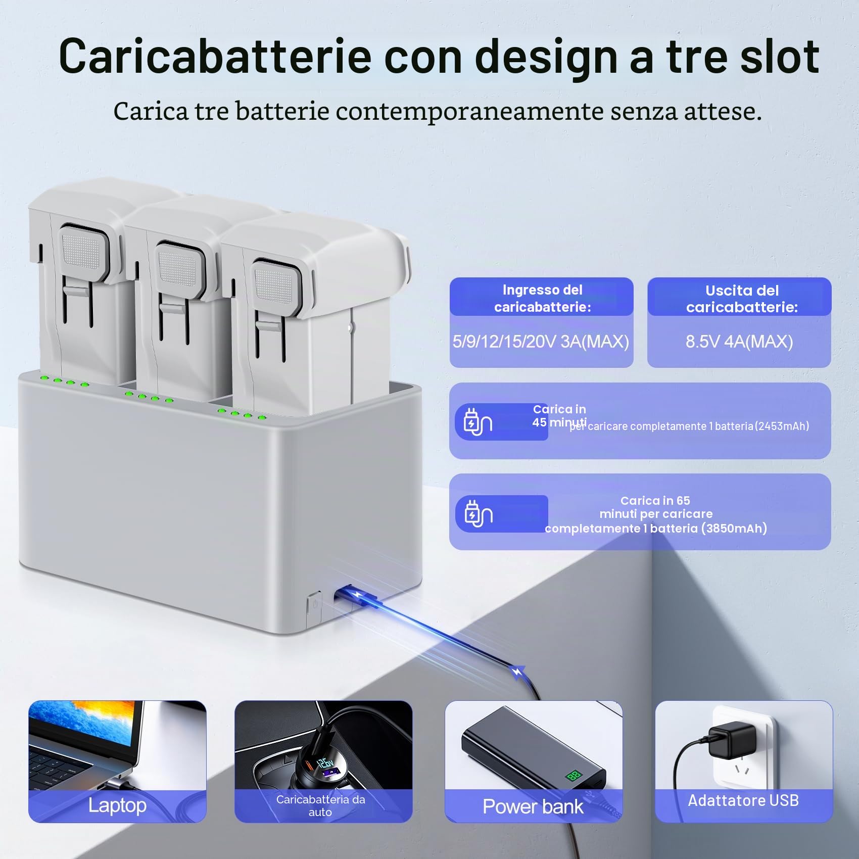 Mini 3 Serie Caricabatterie Kit 2 pezzi 7.38V 3850mAh Batterie di volo intelligente e 3 slot Stazione di ricarica bidirezionale compatibile con DJI Mini 4 Pro/3 Pro/3 Drone