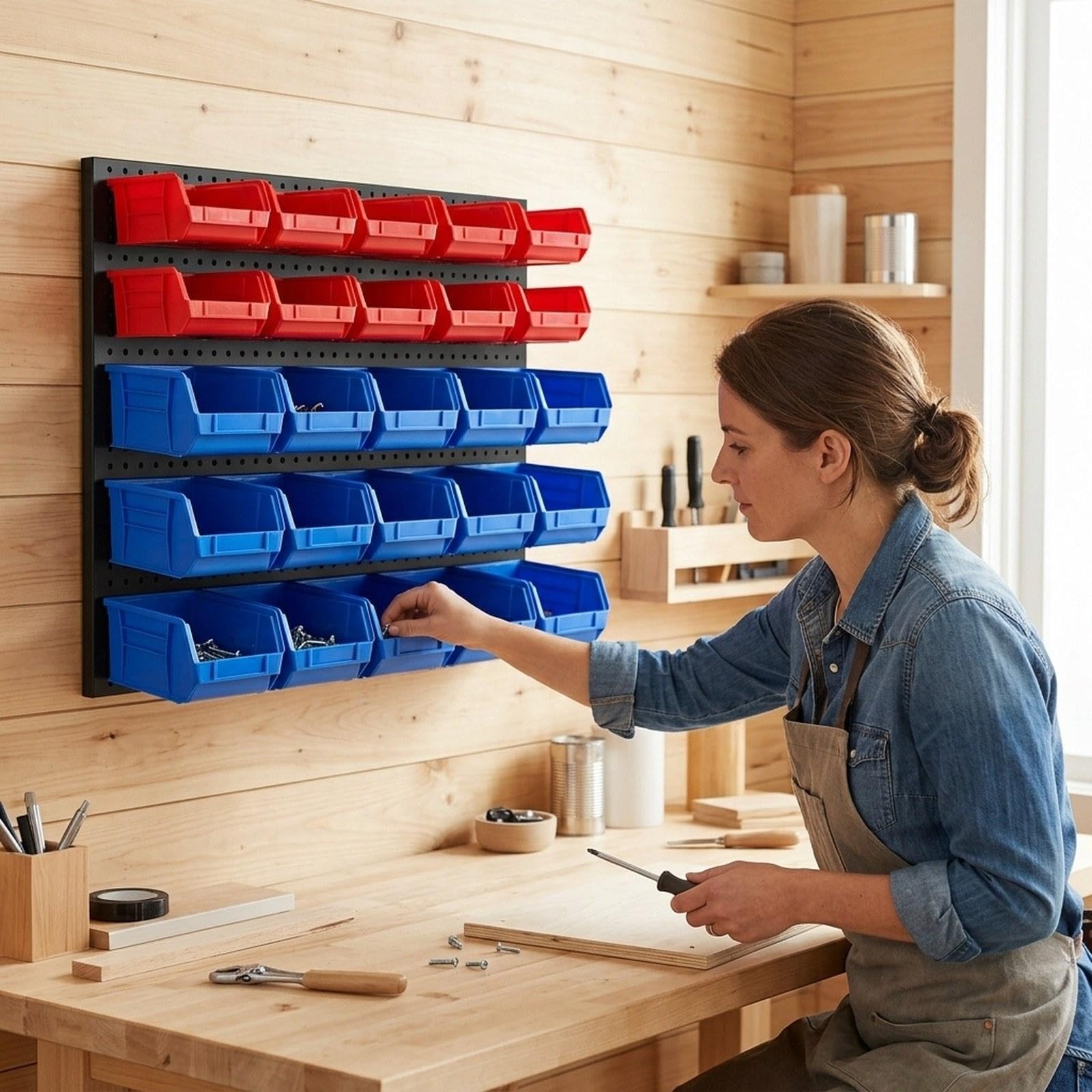 30 contenitori a parete con pannello forato, robusti, di grande capacità, per componenti, attrezzi, per la casa, per lavori artigianali, perline, Blu Rosso