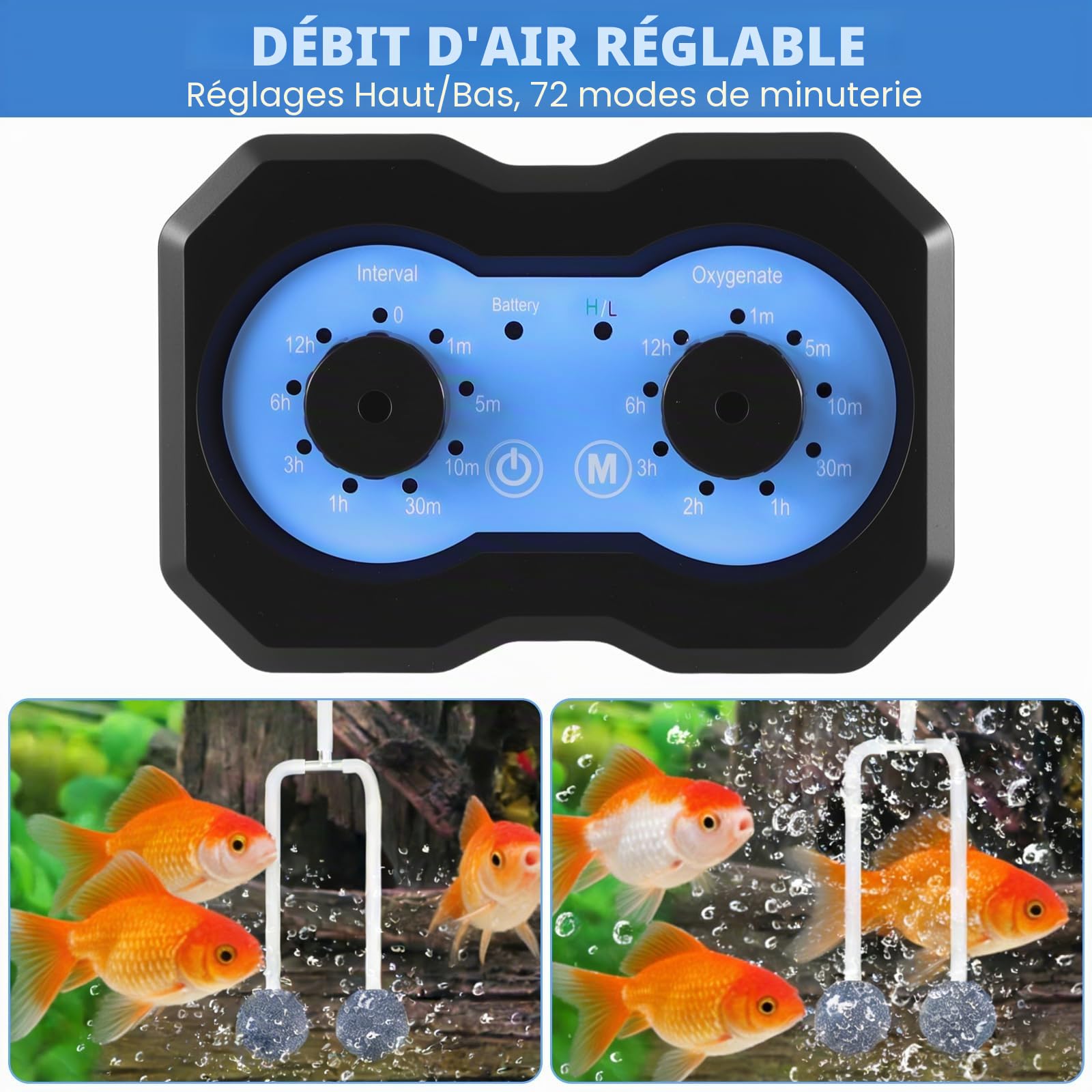 Pompe à oxygène solaire - 3 W - 2 modes de travail - Pompe à oxygène solaire programmée avec batterie de 2200 mAh - Silencieux et réglable - Pompe à air d'aquarium - Pompe à oxygène pour étang, jardin