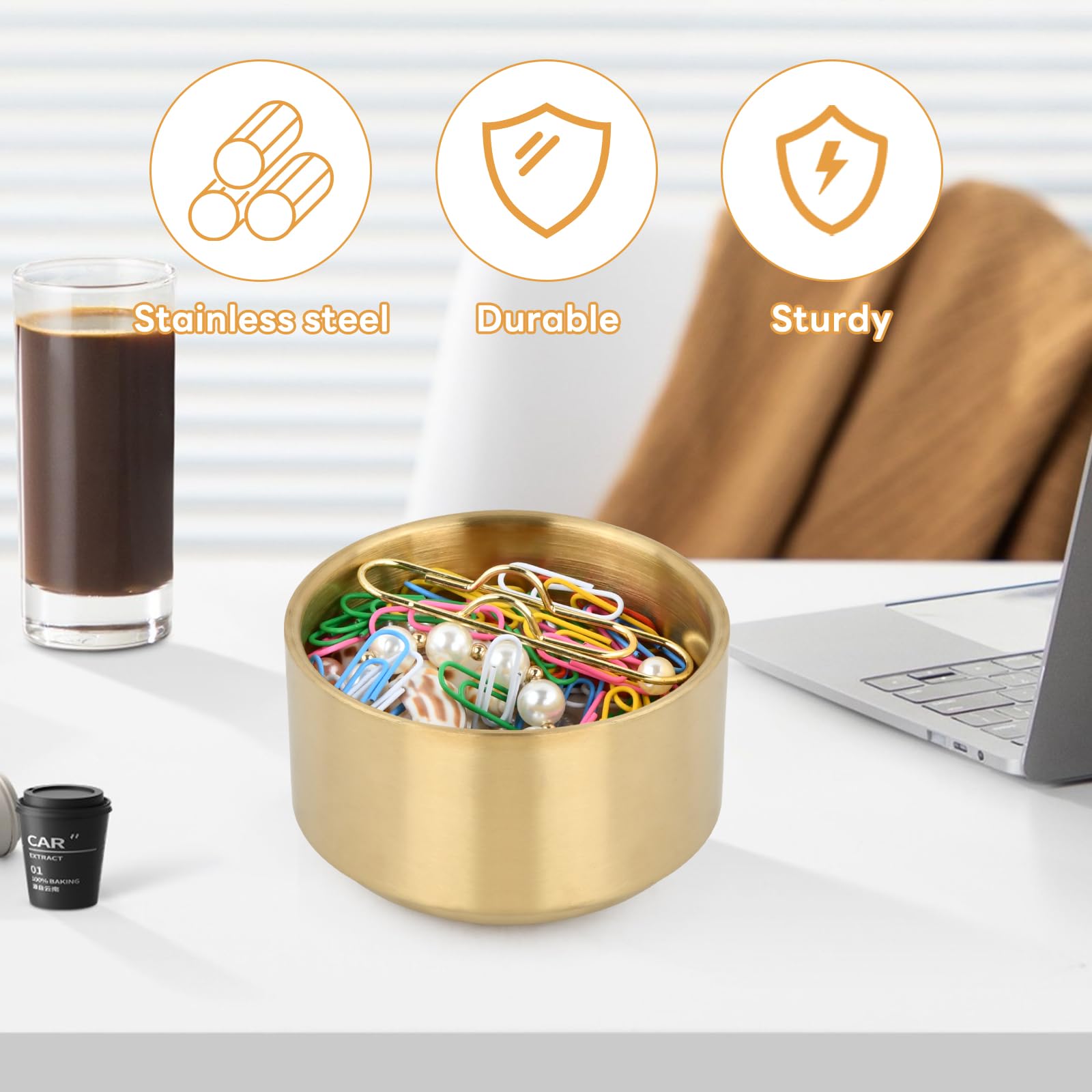 Ciotola Porta Graffette in Acciaio Inox, Dorato Dispenser Portaoggetti per Graffette, Organizer per Contenere Fermagli e Piccole Parti Accessori, Scrivania da Ufficio, Design Impilabile (Argento)