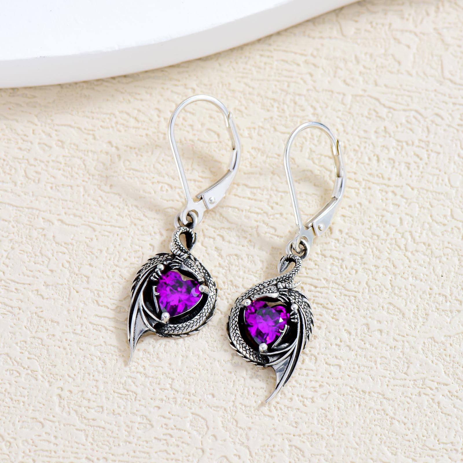 LONAGO Pendientes de Dragón para Mujer Plata de ley 925 Dragón con Corte de Corazón Piedra de Nacimiento Pendientes Colgantes