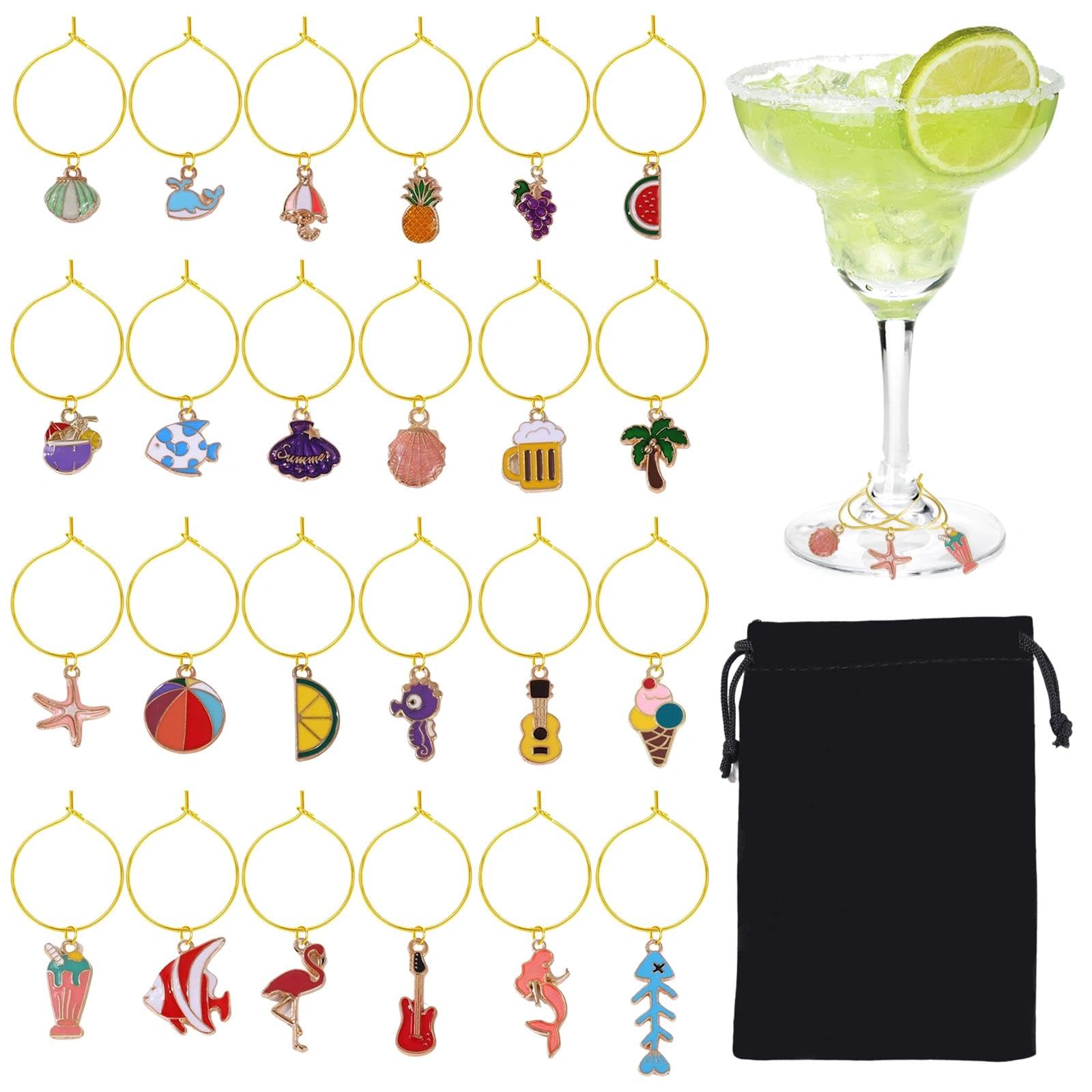 24 Pièces Marque Verree Charmes de Verre à Vin Breloques pour Verres à Vin avec Pochette en Velours pour Fêtes Marqueurs de Boisson, MMarque Verre a Pied, Marqueur de Verree, Marque-Verre Vinn