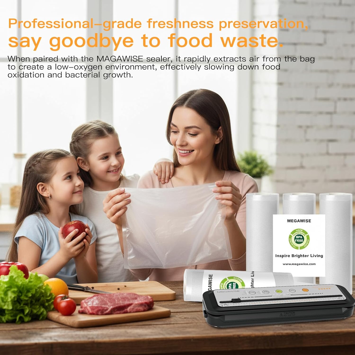 MEGAWISE Vacuum Sealer Bags (11''x 14''-100pcs) for Food Freshness Preservation, BPA Free Vacuum Storage Bags for Food or Sous Vide, Seal a Meal,Double-Sided Texture, Double Lock Freshness (100 count) - Image 4