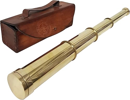 Telescopio vintage retro real con caja de cuero, latón brillante, 16.0in