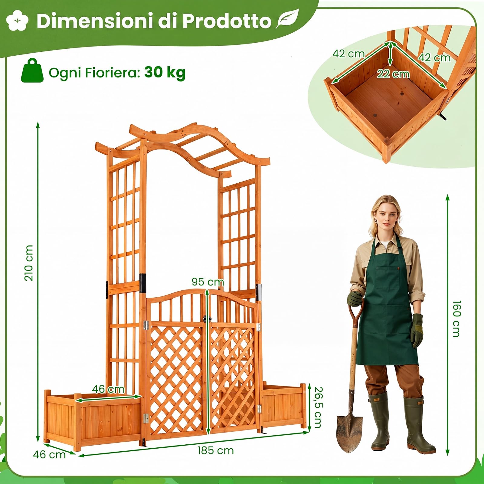 COSTWAY Arco da Giardino con Fioriere, Letto da Giardino Rialzato con Traliccio, Tetto, Fori di Drenaggio, Fondo Rimovibile e Cancelli Chiudibili, Pergolato da Esterno in Legno per Feste e Matrinomio