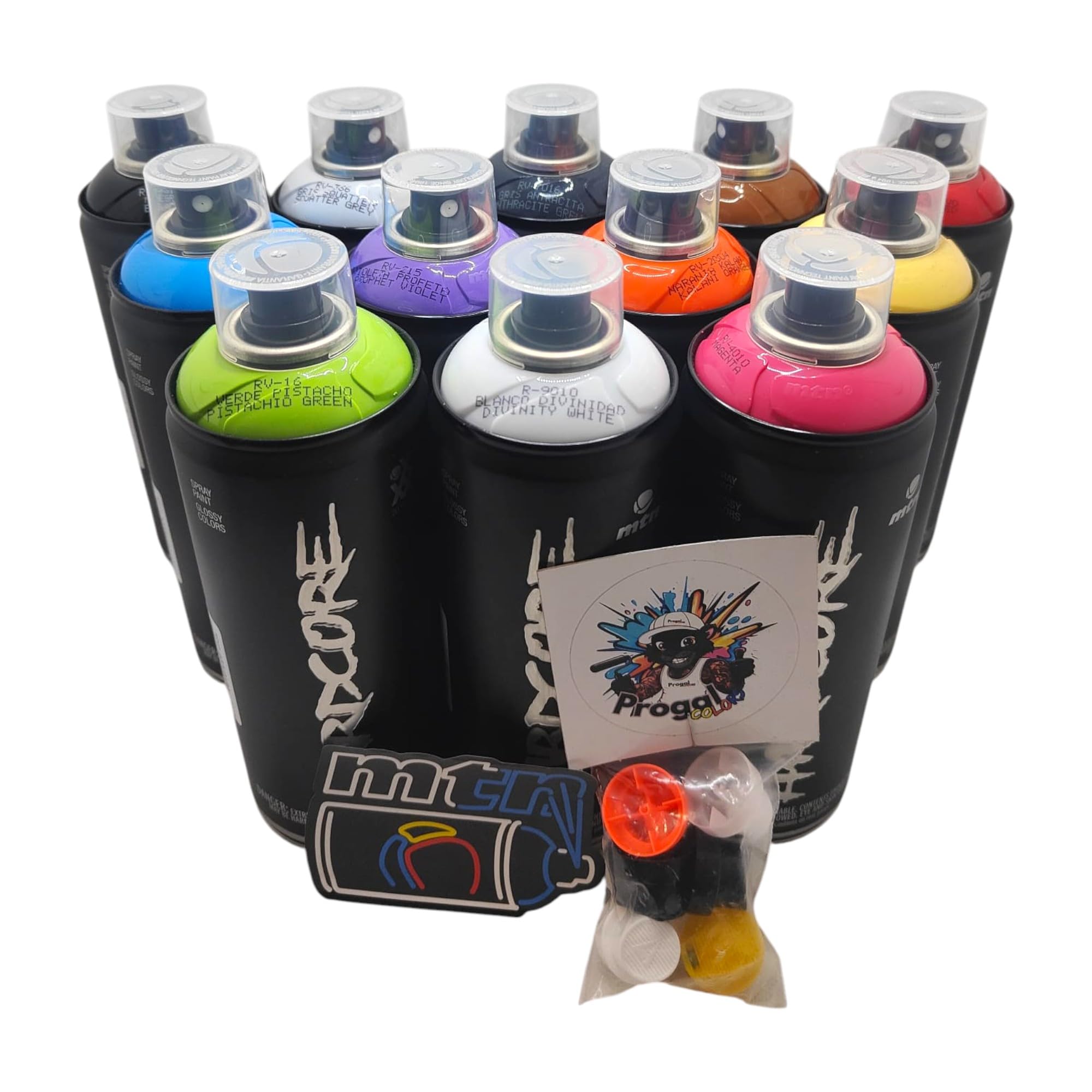 MTN Hardcore Peinture en aérosol, 12 couleurs, 400 ml, finition brillante, pour graffiti et art urbain, avec 6 buses de rechange + 1 autocollant MTN