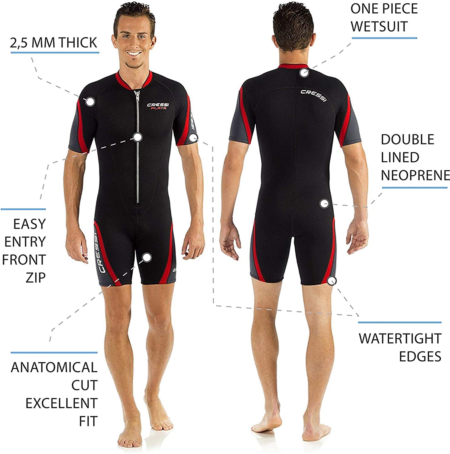 Cressi Playa Man Shorty Wetsuit 2.5 mm-Traje Monoshort sin Capucha en Neopreno 2.5mm Biforrado para Hombre
