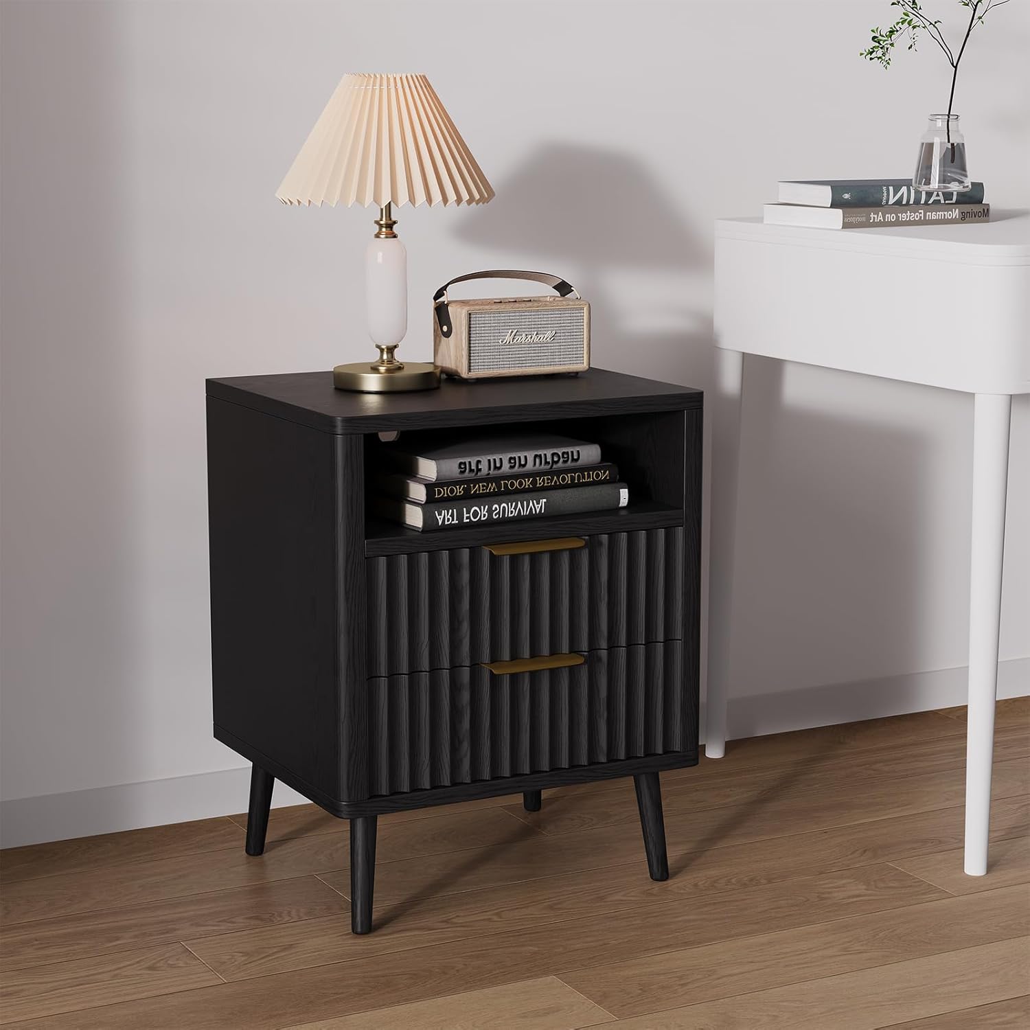 Fluted Nightstand with Charging Station, 2 Drawer Bedside Table, 18" Modern Wood Side Table with Storage, End Table for Bedroom, Curved Profile Black