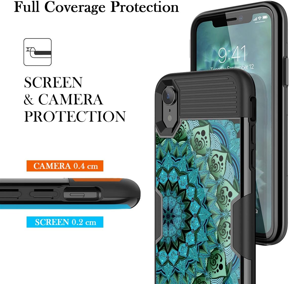 WeLoveCase iPhone XR Case with Built-in Screen Protector, 360 Full-Body Protection 3 in 1 Hybrid TPU Bumper Mandala Floral Cover Case for iPhone XR 6.1 Inches, Blue Lotus
