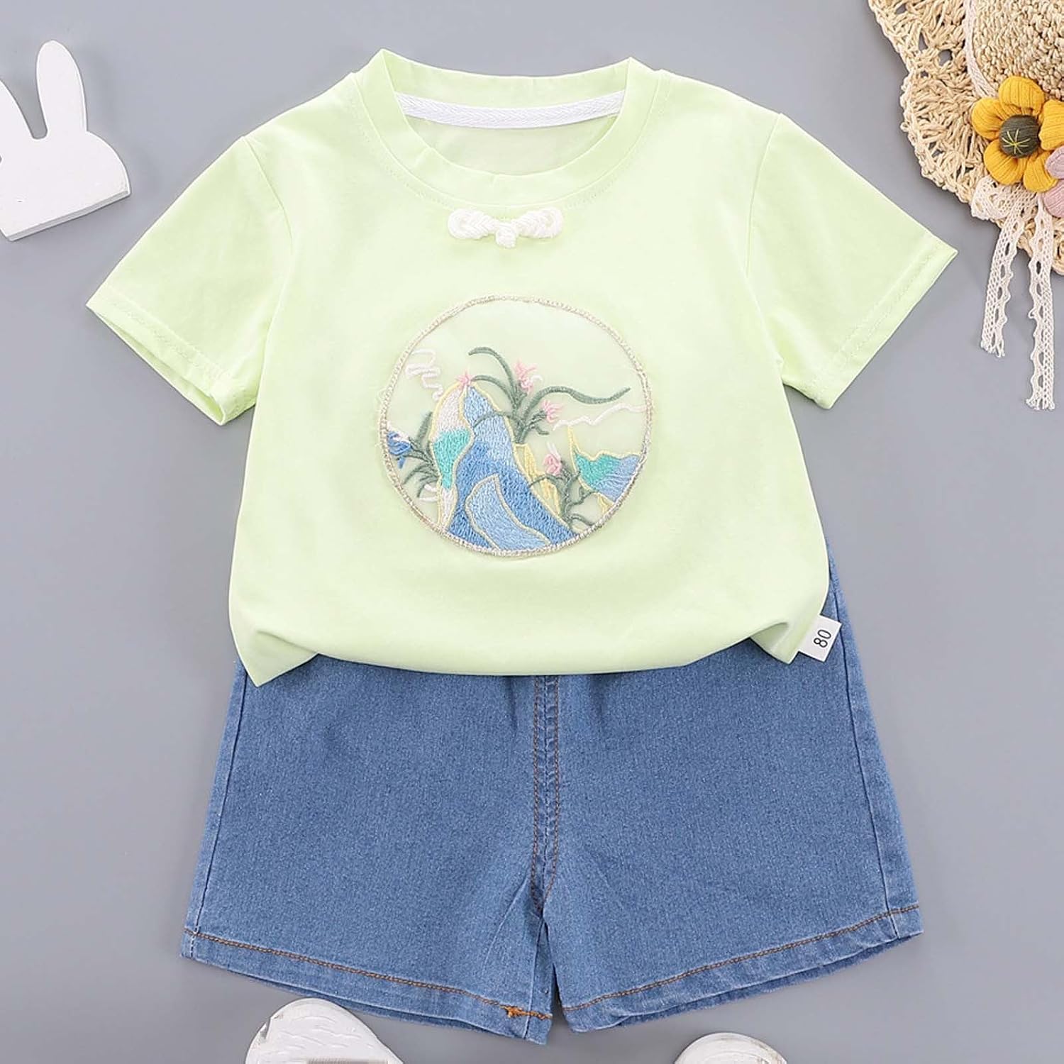 Girls Two Piece Embroidery Outfit Short Sleeve Crewneck Clothing Set High Elastic Denim Shorts with Side Pocket