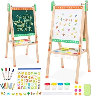 Kinder Tafel Staffelei aus Holz mit Papierrolle Kinder Holz Spielbrett Höhe Einstellbar Schöne Bogen Design Doppelseitige Whiteboard und Tafel Staffelei mit Zahlen und anderem Zubehör (Grün)