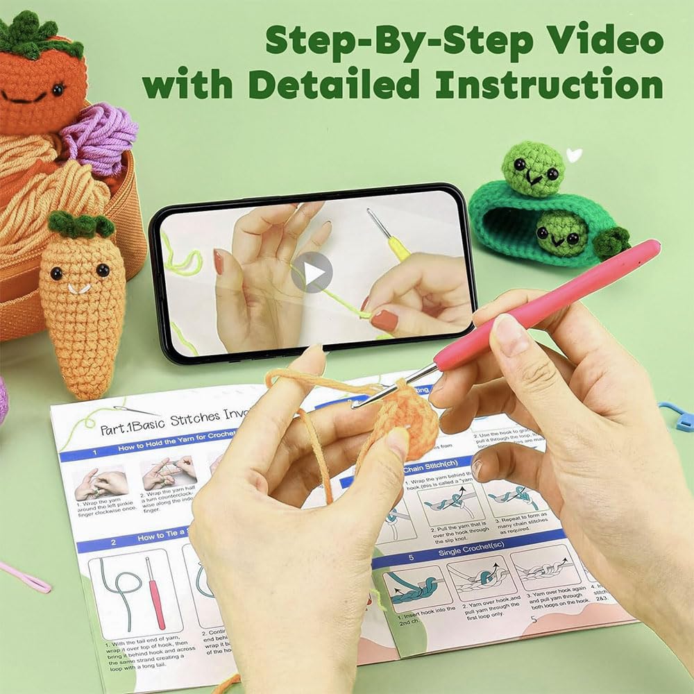 Mecmbj Simpatico Kit per Uncinetto con Cactus, Kit per Uncinetto con Vaso per Piante Fatto a Mano da 6 Pezzi, Set per Principianti all'uncinetto per Adulti con Istruzioni Video Passo di Inglese