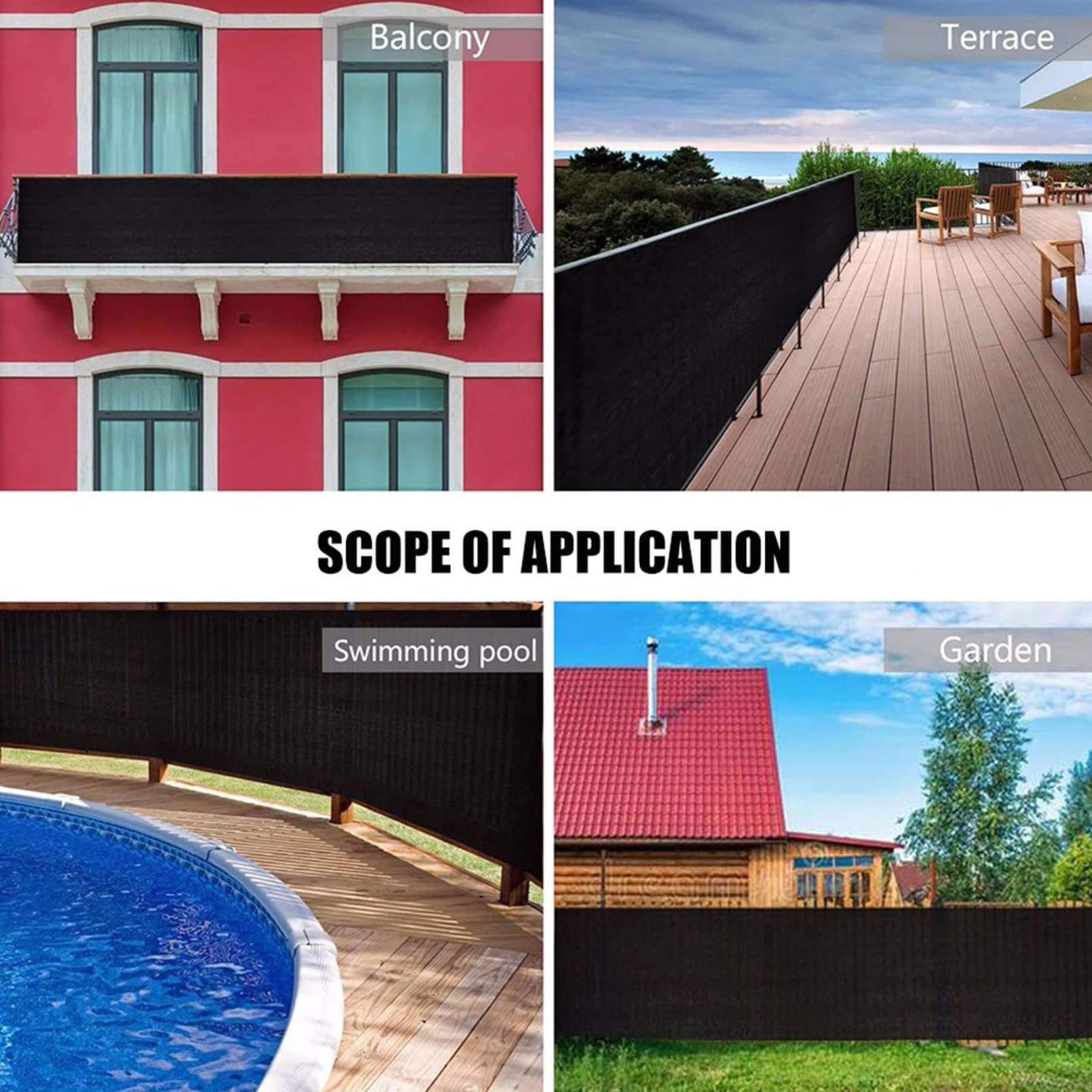 Na zewnątrz 0,5 x 10 m czarny balkon otoczenie i niskie koszty utrzymania w czystości z liną i aluminiowymi oczkami do patio ogrodu odporne na warunki atmosferyczne rozwiązanie prywatności