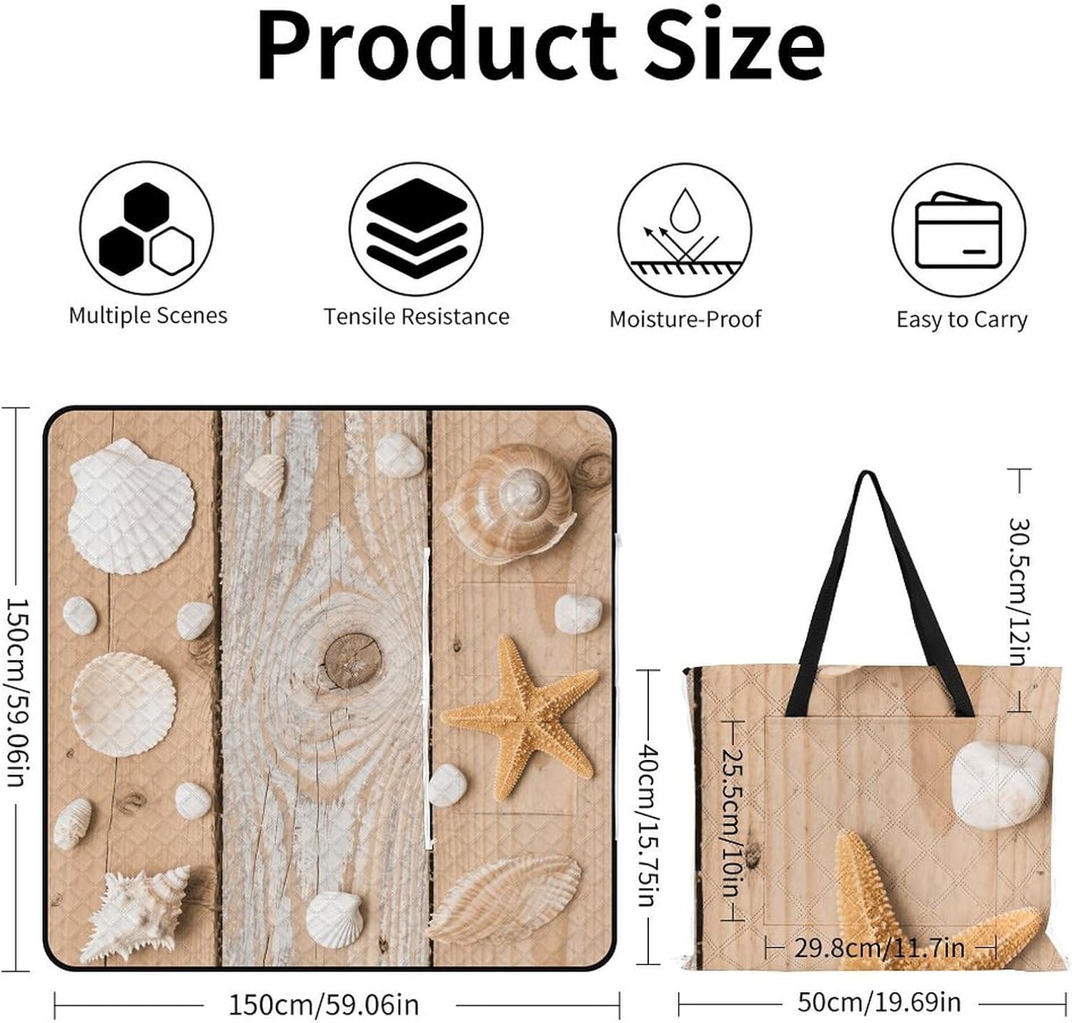 Ocean Beach Sands Picnic Blanket 150x150cm, Foldable 2-in-1 Picnic Mat and Tote Bag Portable Waterproof Beach Mat Sandproof Outdoor Blanket for Park, Hiking, Beach, Camping, Travel