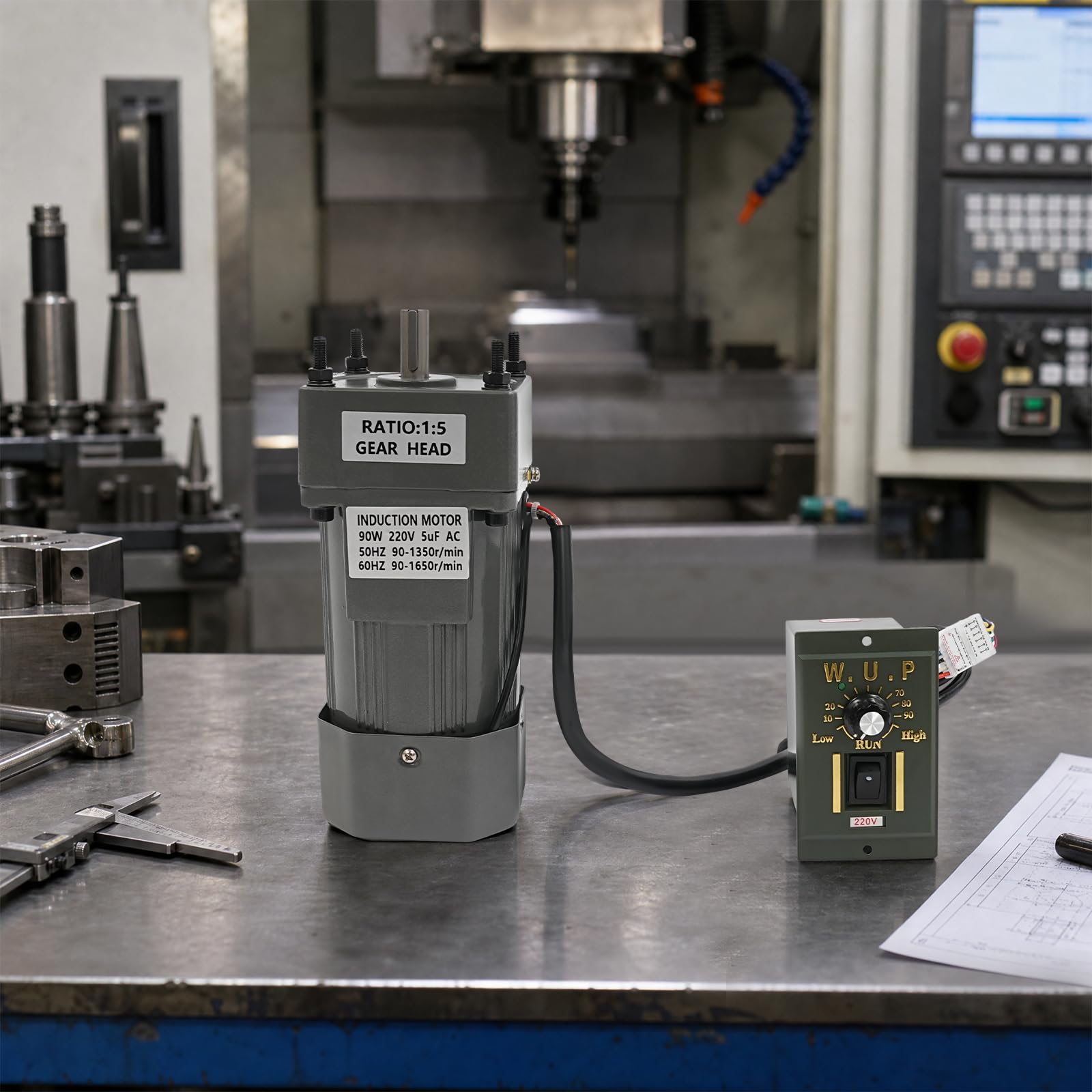 90W Getriebemotor 220V Wechselstrom Mit Drehzahlregler 5K Übersetzungsverhältnis Einphasen Asynchronmotor rRegelbarer Elektromotor Für Förderanlagen Werkstattmaschinen Automatisierung Antriebseinheit