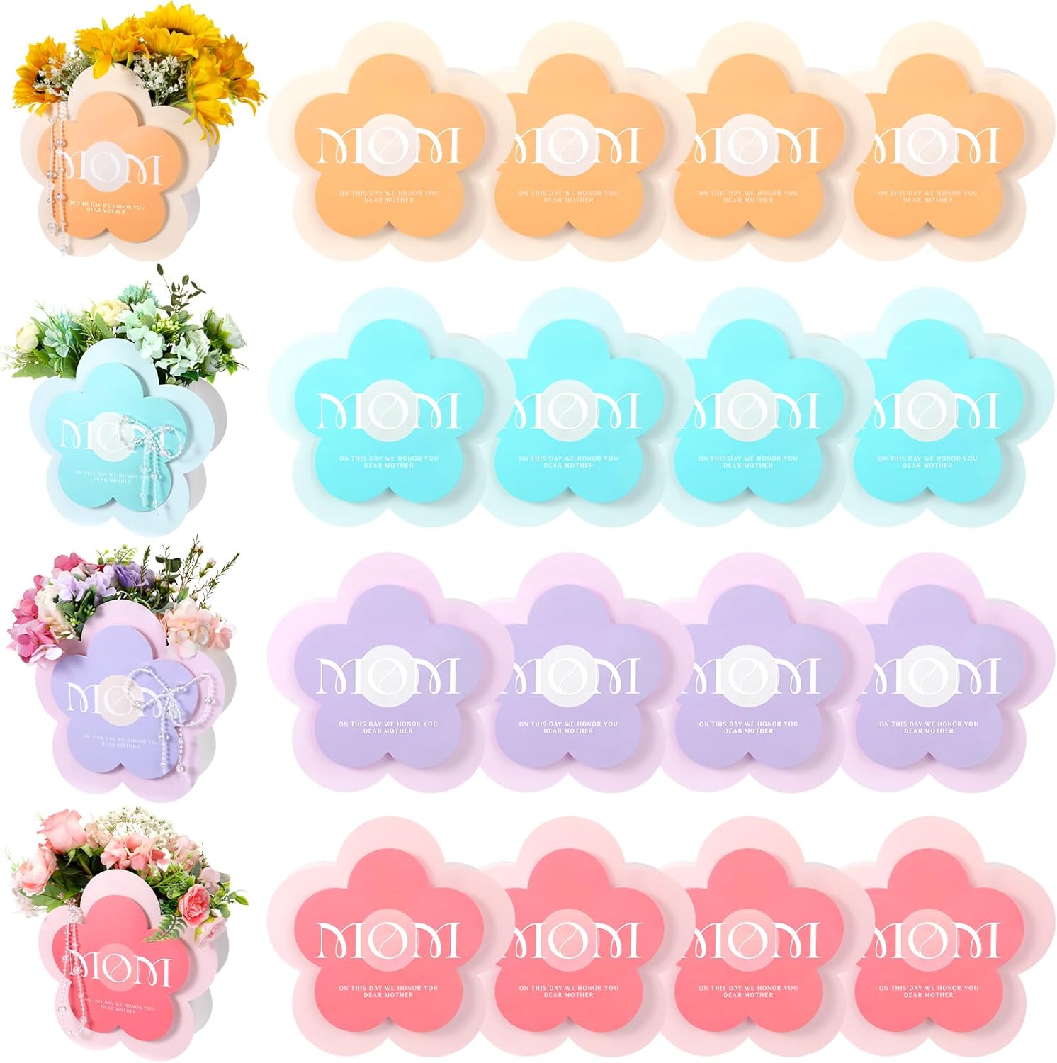 Zhanmai 20 Pcs Medium 9.6 x 9.6 x 3.4 Mom Gift Box 50ft Crystal Beads Garland Strand Multifunctional Bouquet Bags Acrylic Diamond Beads String Roll for Mother's Day Birthday (Orange, Purple, Green)