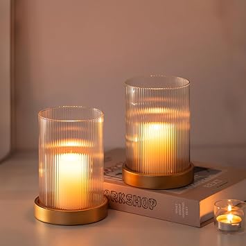 Glasseam Hurricane Glass Candle Holder Gold Pillar Candle Holders Set of 2 Ribbed Glass Cylinder Covers with Metal Candle Tray Modern Candle Holders for Table Centerpiece Living Room Decorations | 3.94x5.71 Ribbed Open-End Sleeve, Fit 4 Pillar Candles, Metal Candle Plates, Modern Table Centerpiece Fireplace Decor