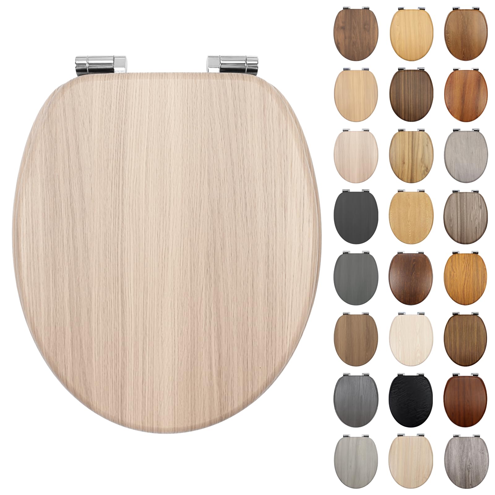 Fanmitrk Wooden Toilet Seat with Oak Effect Finish, Soft Close, MDF Bottom-Fixing Hinges, Easy-Clean for Bathrooms(SD172LT13610-53-01) — image 1