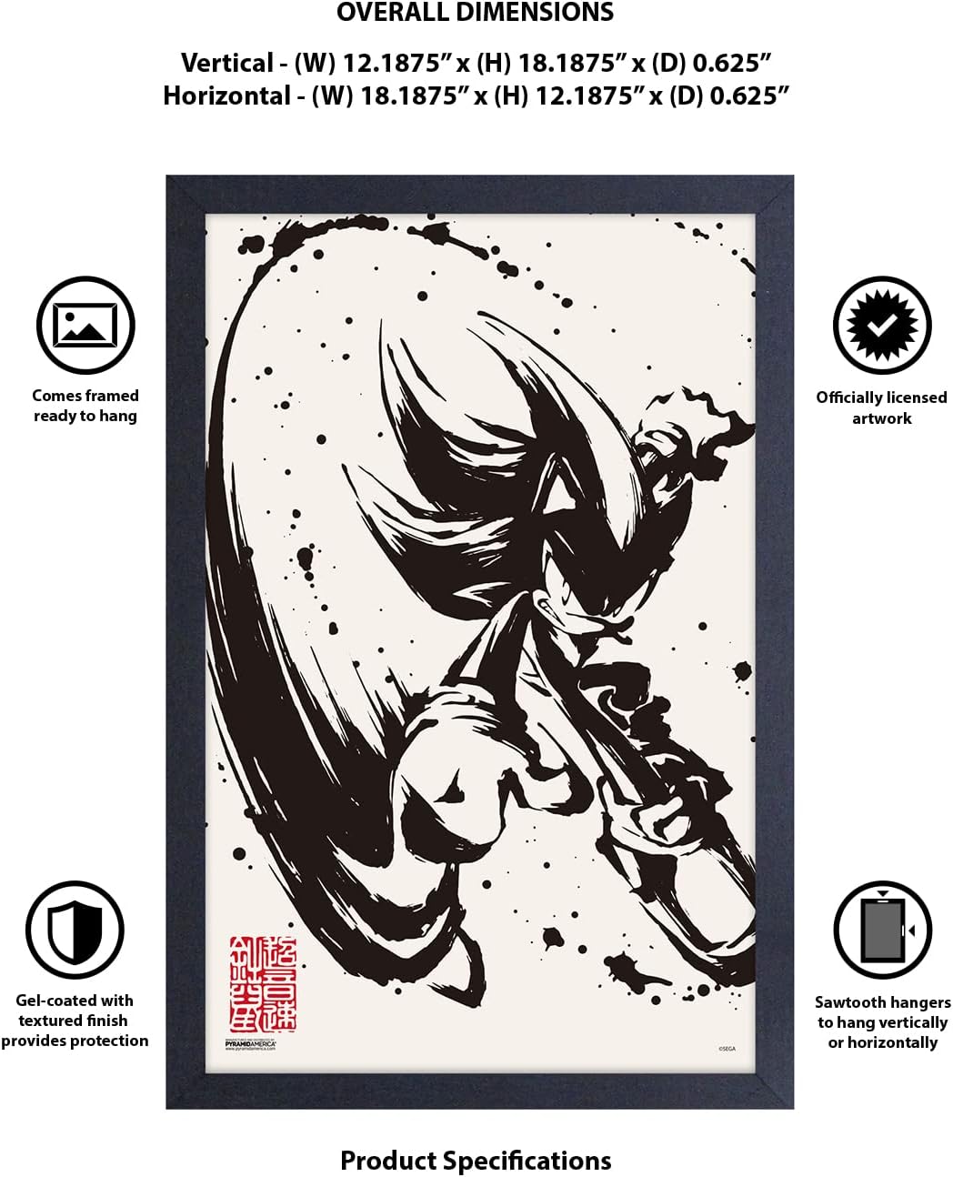 Pyramid America Sonic Shadow the Hedgehog Poster - Gel Coated Frame (11x17 Print in 12x18 inch Frame) - Gaming Wall Decor for Any Place
