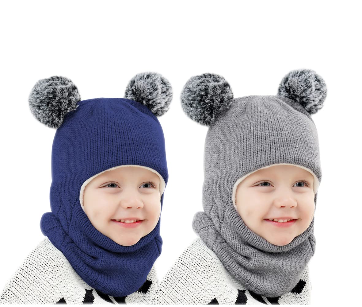 Baby-Wintermütze, Schal, Set, Unisex, Säugling, Kleinkind, Kinder, Mütze, Schal, Marineblau und Grau, 2-5 Jahre