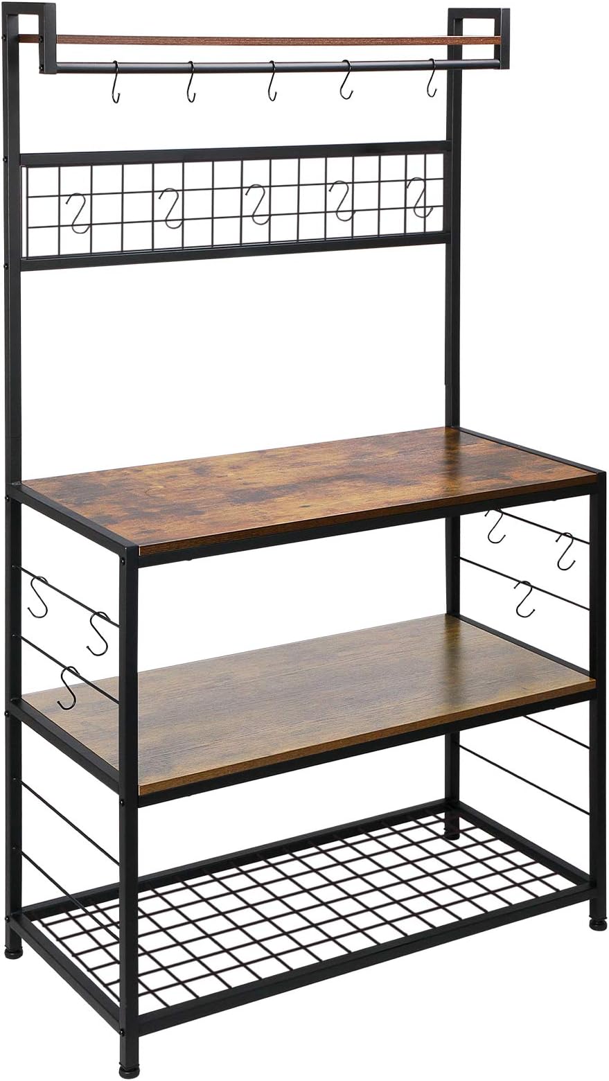 HOMEKOKO Kitchen Bakers Rack with 16 Movable Hooks, 3-Tier Microwave Oven Stand with Storage for Cooking Utensils, Industrial Style Kitchen Storage Shelves for Plates, Pans and Pots (Rustic Brown)