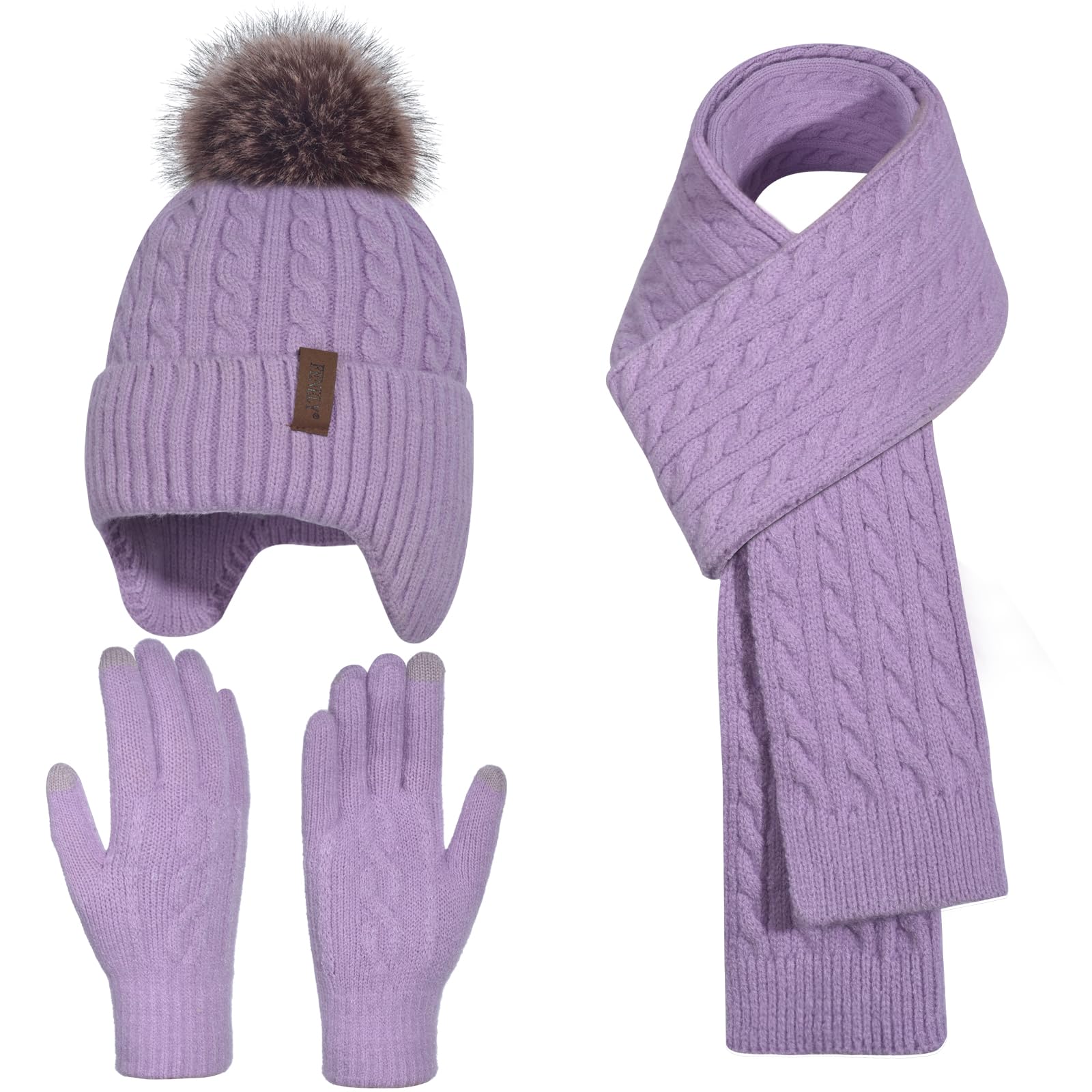 Winter Hat Gloves Scarf Set for Kids Earflap Beanie with Cute Pom Knit Girls Children Baby Toddler Purple Warm Wool Fleece Lining 6 7 8 9 10 Years Old