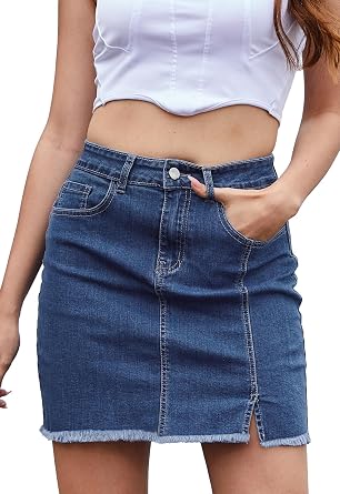 HERBATOMIA Womens Denim Mini Skirt High Waist Casual Split Hem Washed Frayed A-line Jean Skirts with Pocket for Women