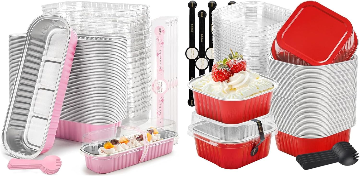 Bundle of 50 Pack Mini Loaf Pans and 50 Pack Square Baking Cups for Pudding, Souffle, Party, Wedding