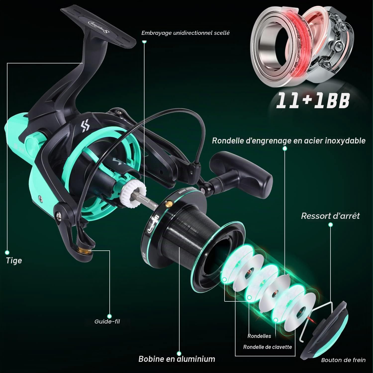 Sougayilang Surf Fishing Reel，11+1BB Stainlesss Spinning Reel, 10000 Series Super Powerful Drag, Oversize Line Capacity Spool for Saltwater/Freshwater Catfish Carp Fishing Reel