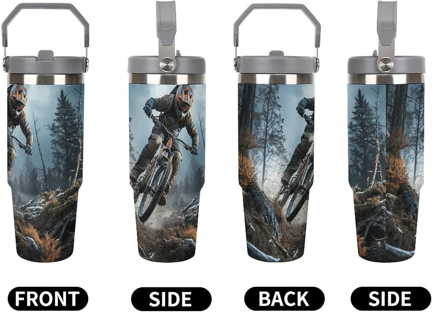 30oz Insulated Tumblers with Top Handle, Stainless Steel Mountain Bike Tournament Car Cup with Straw for Gift, Leak-Proof Double Wall Vacuum Travel Mug, Personalized Water Bottles White