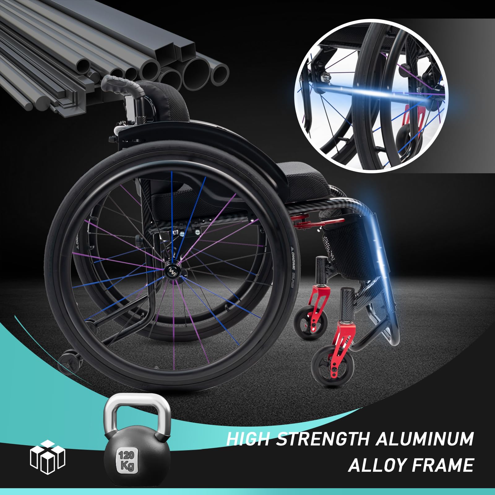 Sedia a Rotelle Sport all'Aria Aperta, Sedia a Rotelle Multifunzionale in Lega di Alluminio, carico 120 kg, semovente Manuale con poggiagambe oscillante(Seat Width 45cm/17.7 Inches)