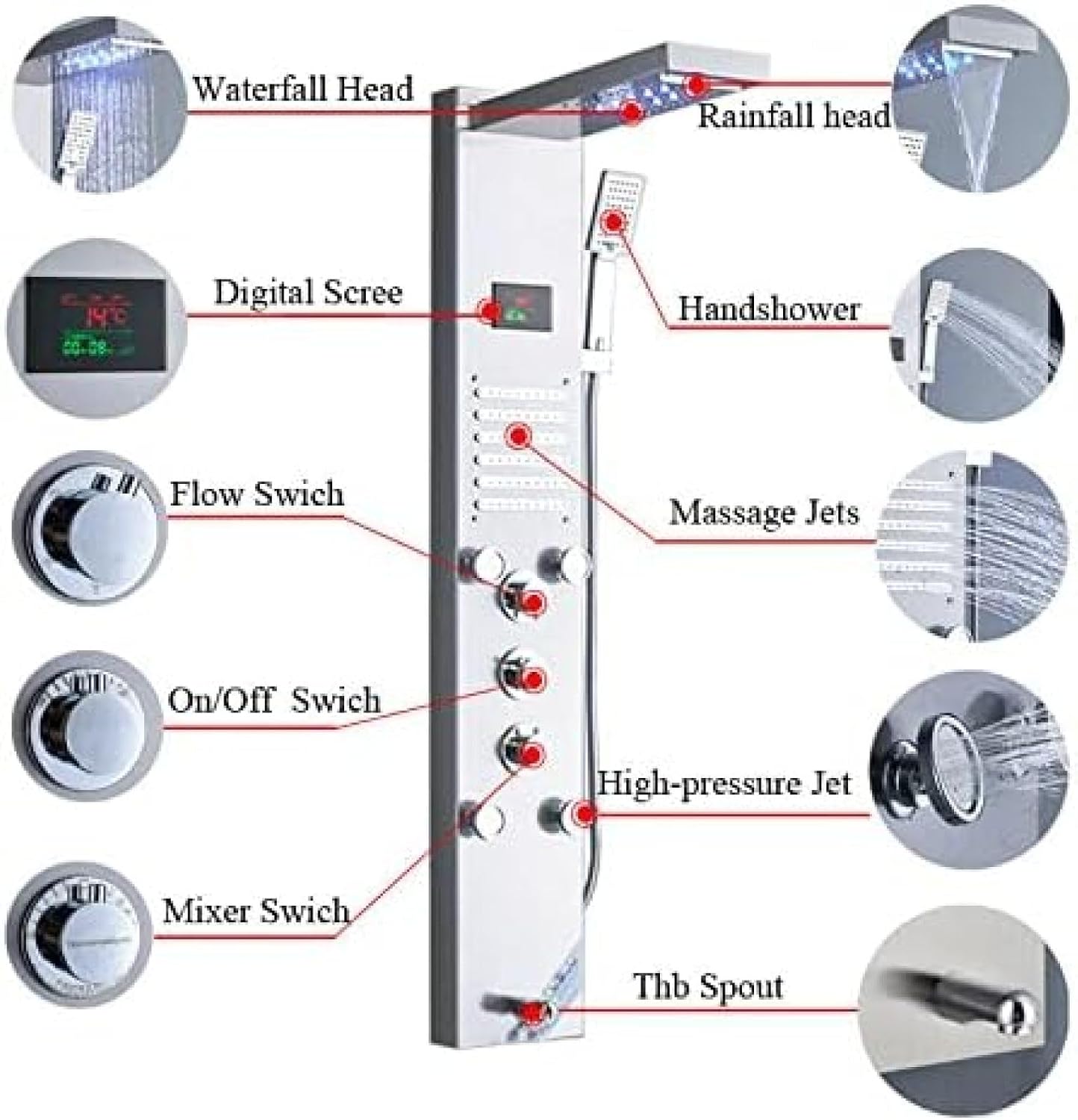 Shower System, Shower Panel Tower System Led Rainproof and Waterfall Massage Jet Spraye Stainless Steel Shower Column-Brushed Gold,Brushed Nickel(Brushed Nickel) (Brushed Nickel)