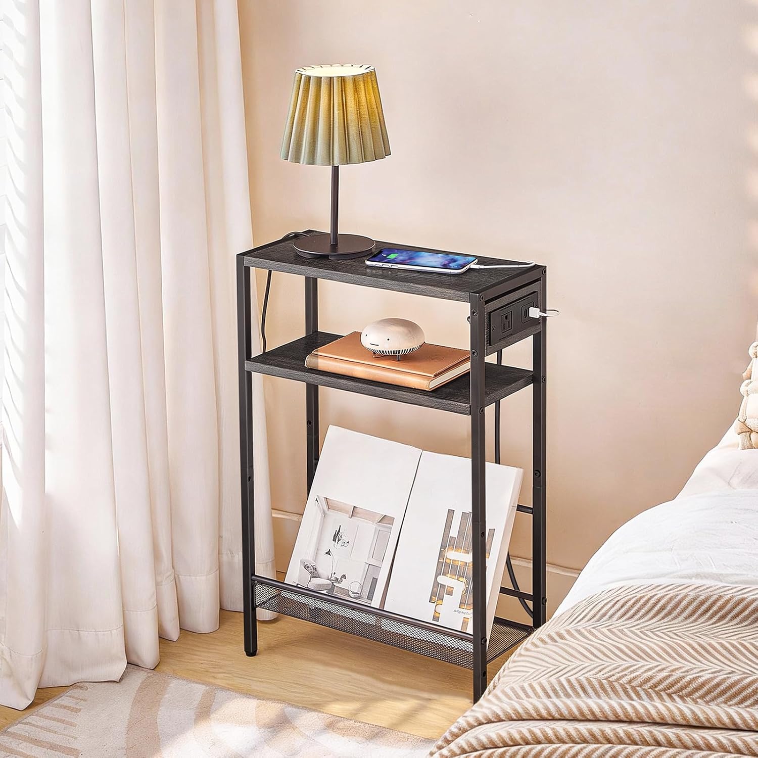 HOOBRO Small Narrow Side Table with Charging Station, Skinny End Table for Small Spaces, Slim Nightstand with USB Ports Outlet, Sofa Beside Table with Storage Shelf, Charcoal Black BC102UBZ01