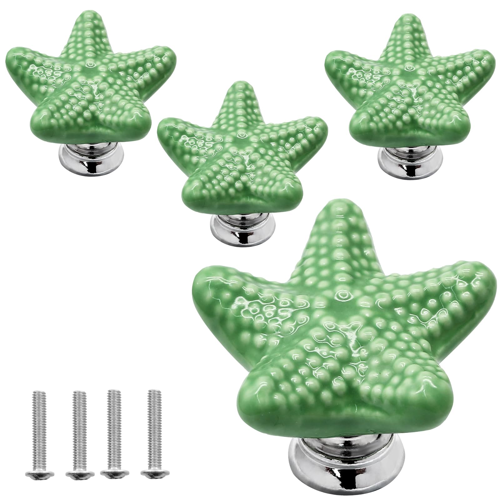 Luomorgo 4 Pack Ceramic Starfish Drawer Knobs - Coastal Green Cabinet Handles for Kitchen, Dresser & Wardrobe Cupboard Drawer, Beach Theme Pulls with Screws