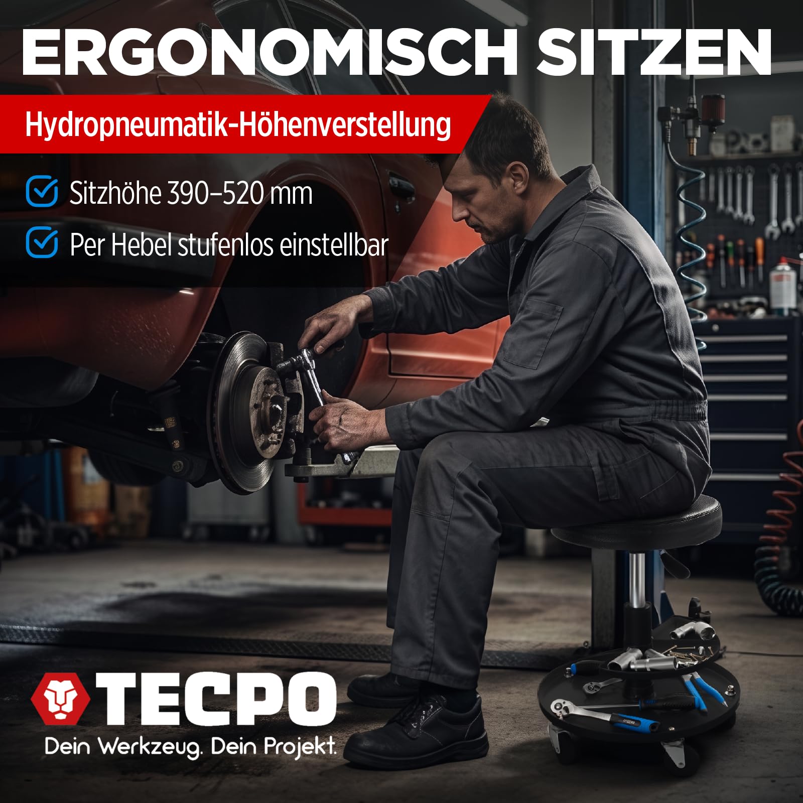 TECPO Werkstatthocker mit Zwei Ablagen 135 Kg Tragfähigkeit 390-520mm Höhe Rollsitz Rollhocker Werkstatt Arbeits Hocker mit Rollen höhenverstellbar Sitz