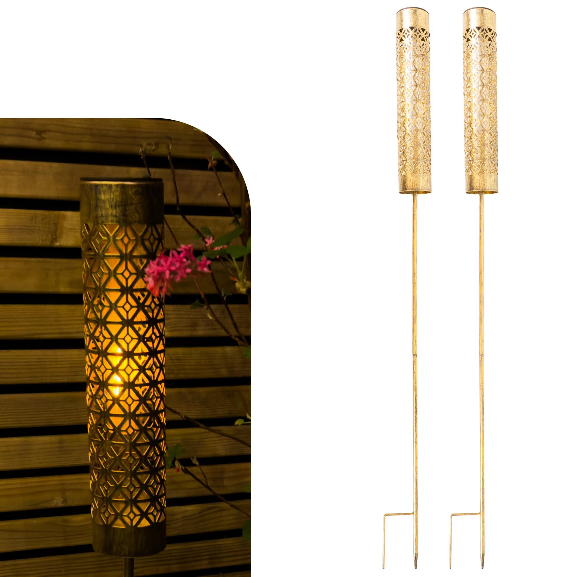 Gadgy Antorchas Solares LED con Efecto Llama en Movimiento – Set de 2 Luces Solares de Jardín de Metal – Iluminación Solar para Exterior, Jardín, Terraza o Balcón
