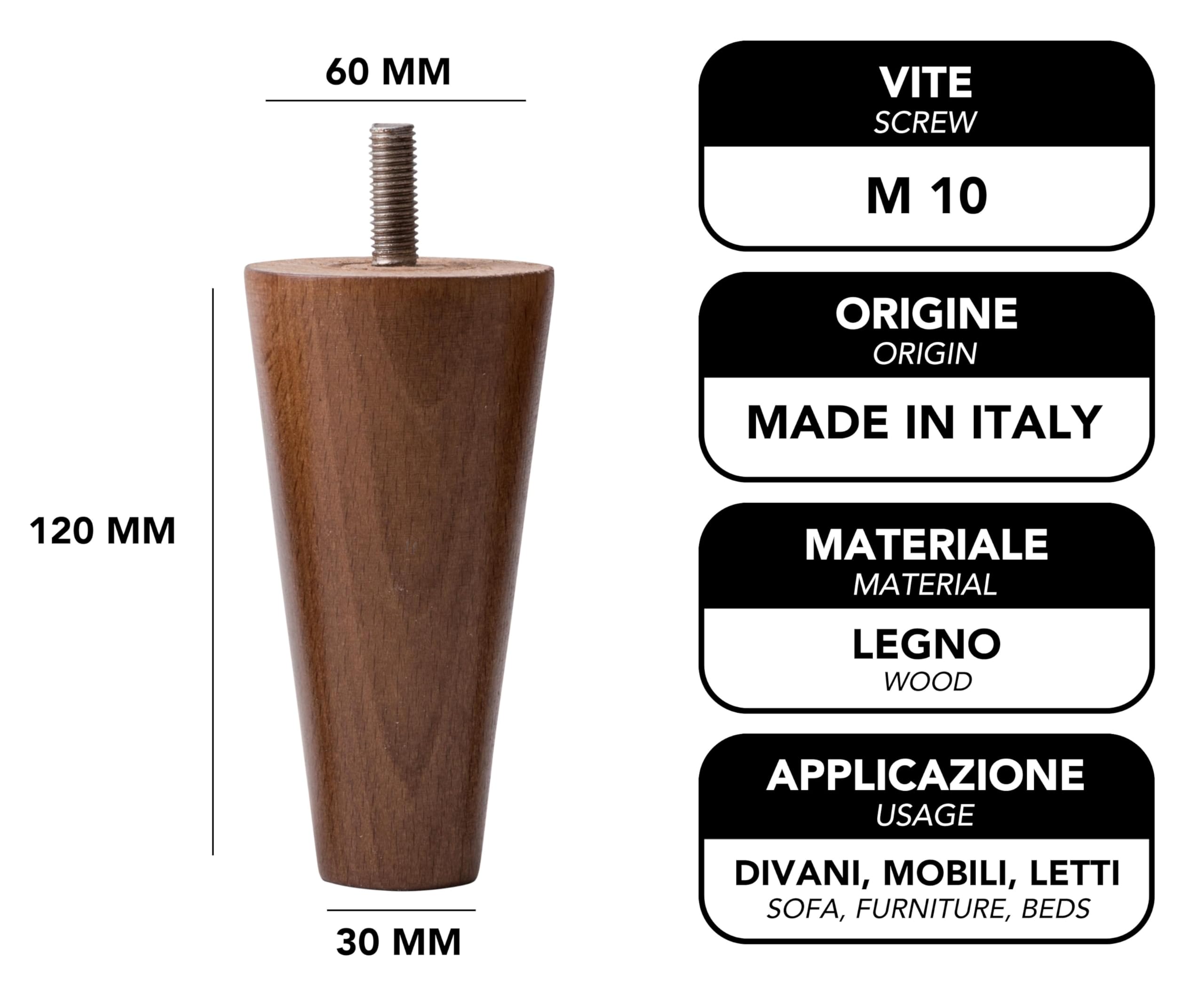 IPEA Meubelpoten van hout, kleur walnoot, gemaakt in Italië, set van 4 poten in cilindervorm voor kasten en stoelen, poten van walnoot, meubelpoten, hoogte 100 mm