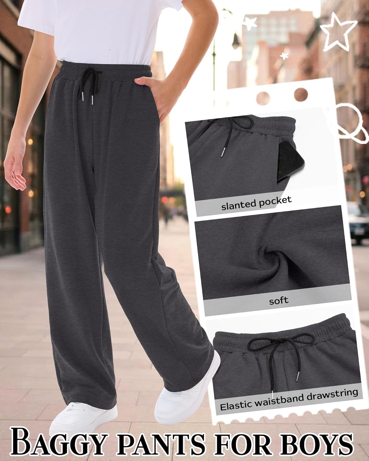 4 Pack Boys Baggy Sweatpants Kids Lightweight Pants Youth Elastic Waist Drawstring Open Bottom Joggers with Pockets