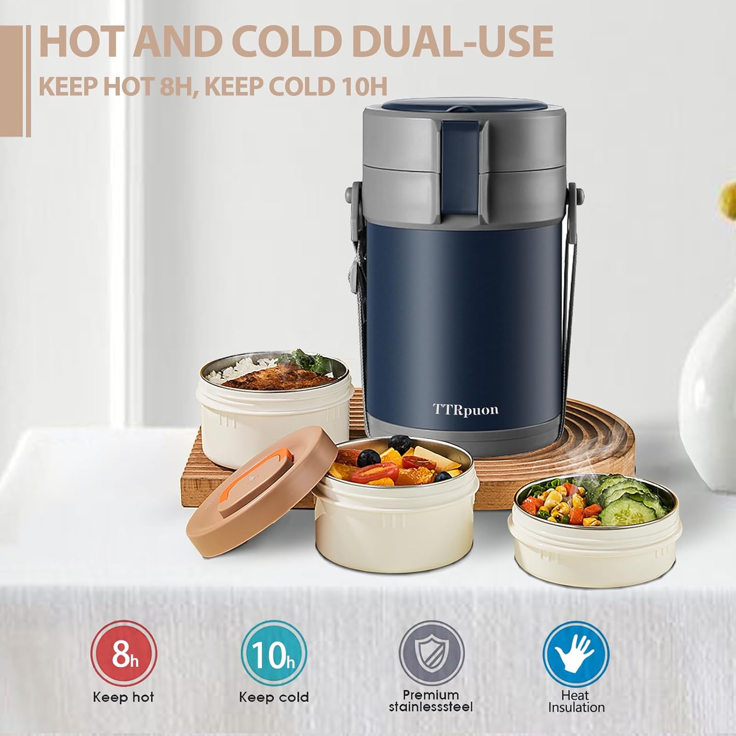 82oz Thermo Container For Hot Food, 3 Tier Wide Mouth Insulated Stackable Food Container, lunch box for Work Office Outdoors Picnic (BLUE) - Image 4