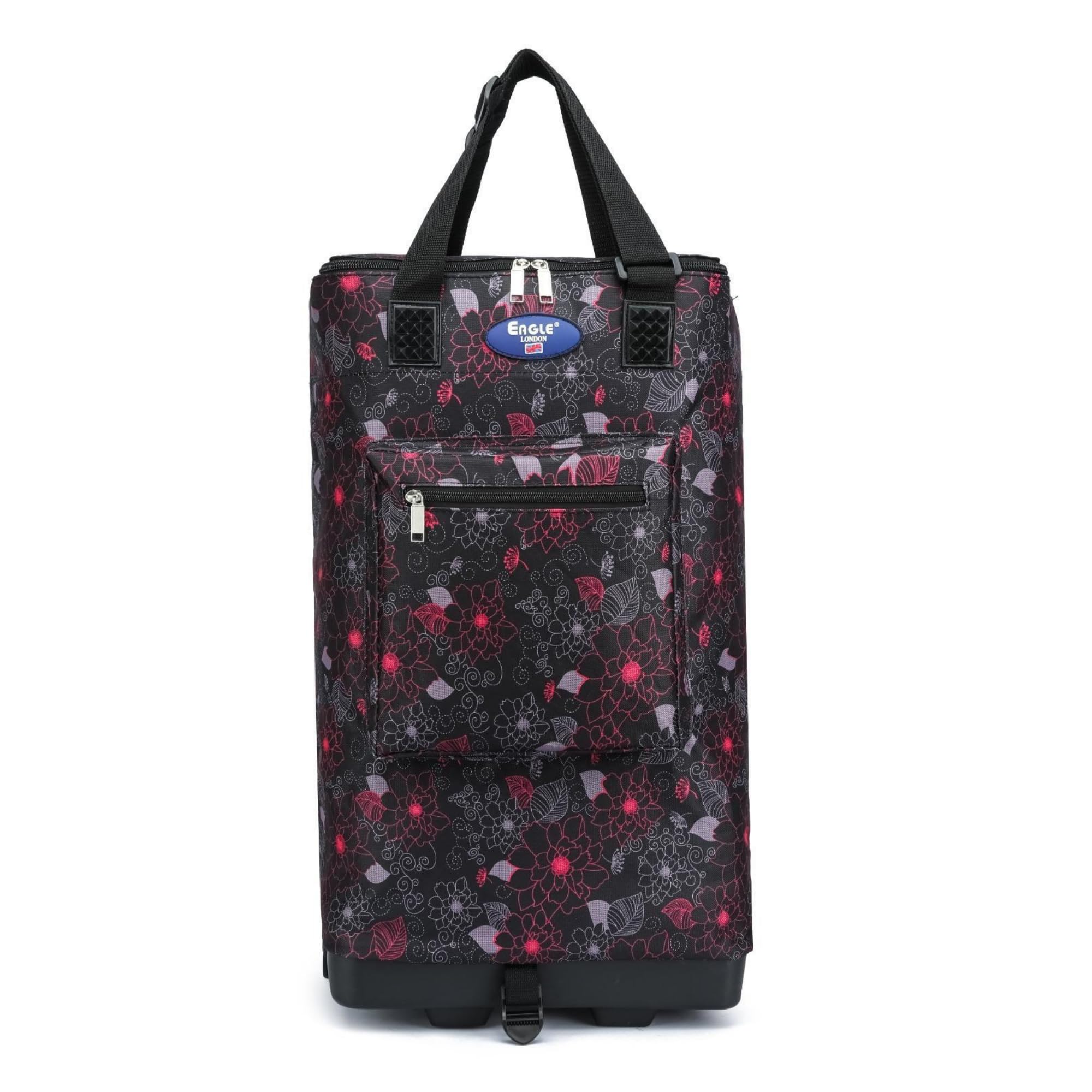 Eagle Bags International Foldable Shopping Bag with Wheels, Lightweight Rolling Travel Bag, Collapsible Carry Bag, Underseat Hand Luggage, Water-Resistant Multipurpose Bag for Shopping (Black Floral)