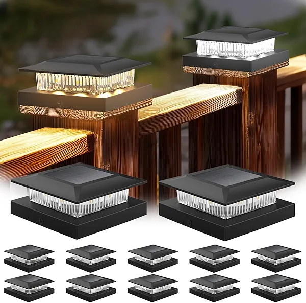 4x4 Solar Post Cap Lights 12 Pack, Fence Post Solar Lights with Warm White/Cool White, Only Fit 4x4 Wood/Vinyl Posts, Waterproof Outdoor Deck Post Light for Deck, Fence, Porch(Black)