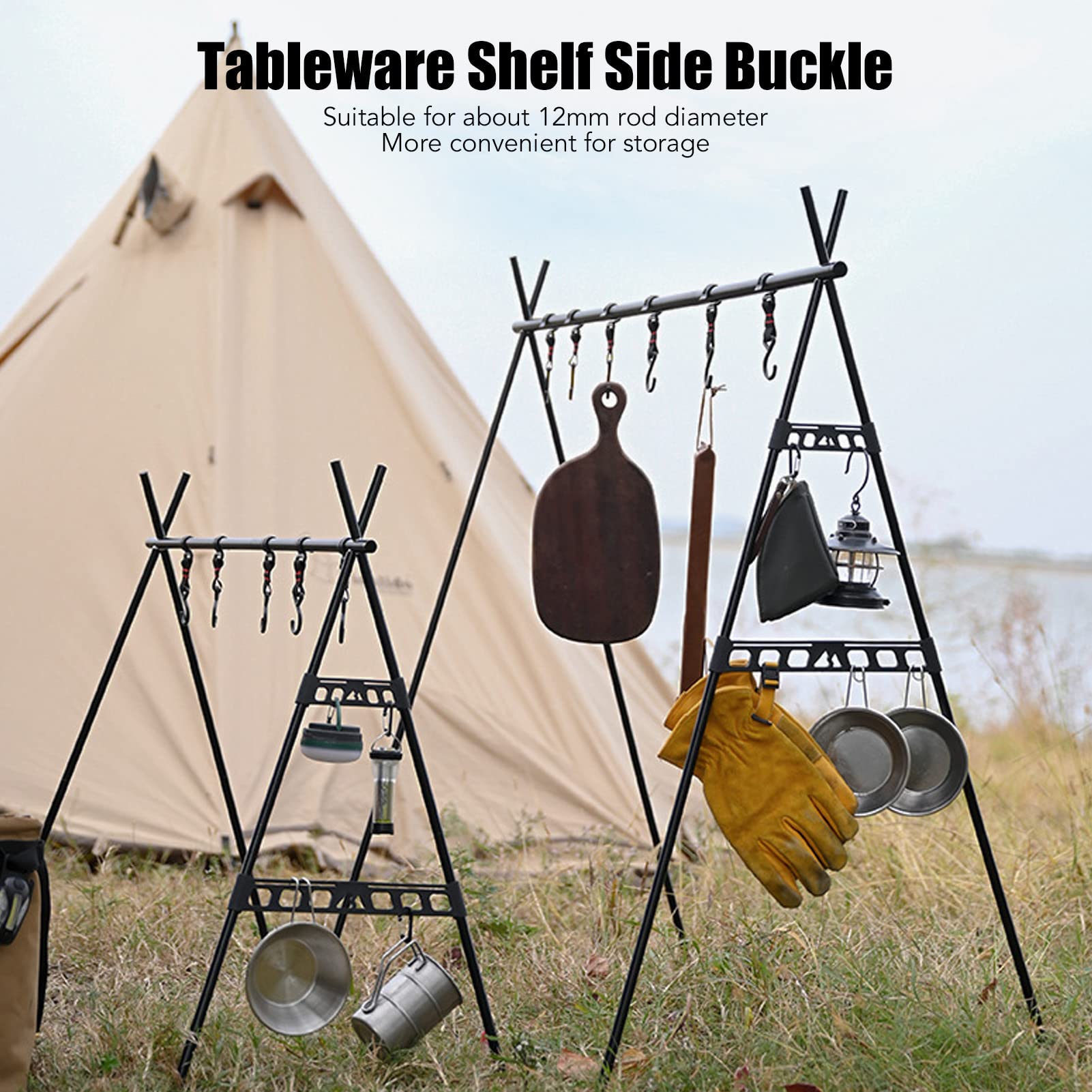 OUKENS 2 Pcs Camping Rack Side Buckle, Black Nylon Material Portable Outdoor Tableware Shelf Side Buckle for Placement,Camping Accessories (Large Size)