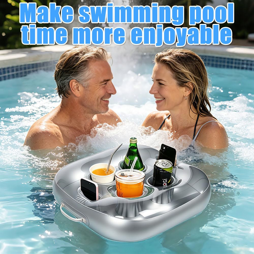 Pływający uchwyt na napoje, akcesoria do basenu i jacuzzi, nadmuchiwany uchwyt na napoje, 6 przegródek, kwadratowy, pływający uchwyt na napoje do zabawy w basenie, na imprezę, jacuzzi