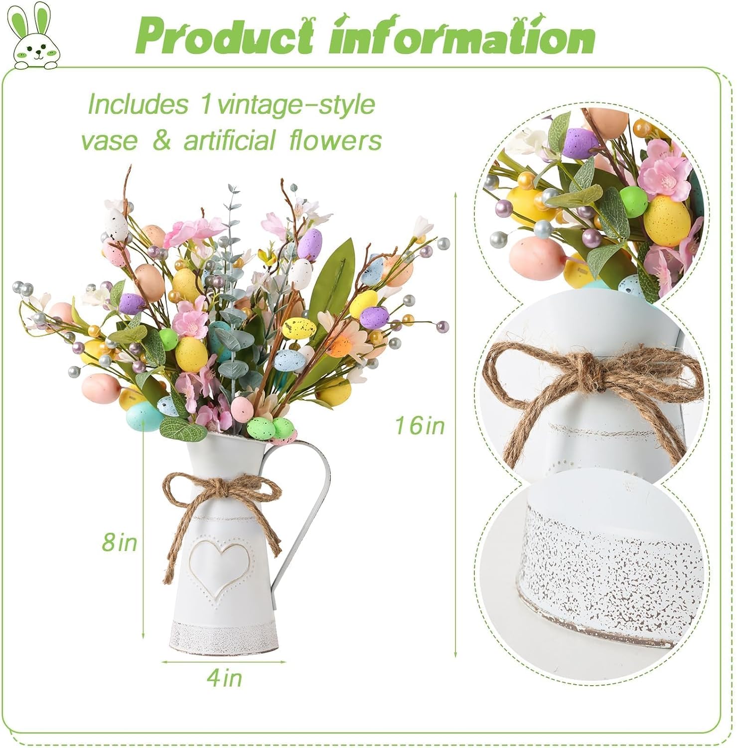 Easter Decorations: Rustic Easter Flowers Artificial Easter Eggs with Metal Pitcher Vase, Table Centerpieces Floral Arrangements, Farmhouse Spring Decorations for Home Kitchen Mantel Fireplace Decor