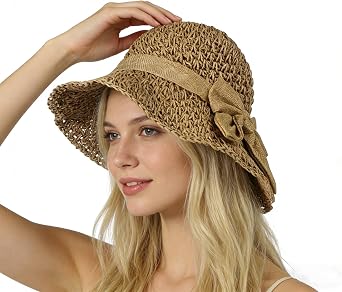 Womens Crochet Straw Sun Hat with Bowknot Woven Wide Brim UV Protection Bowler Bucket Hat Floppy Foldable Summer Beach Cap
