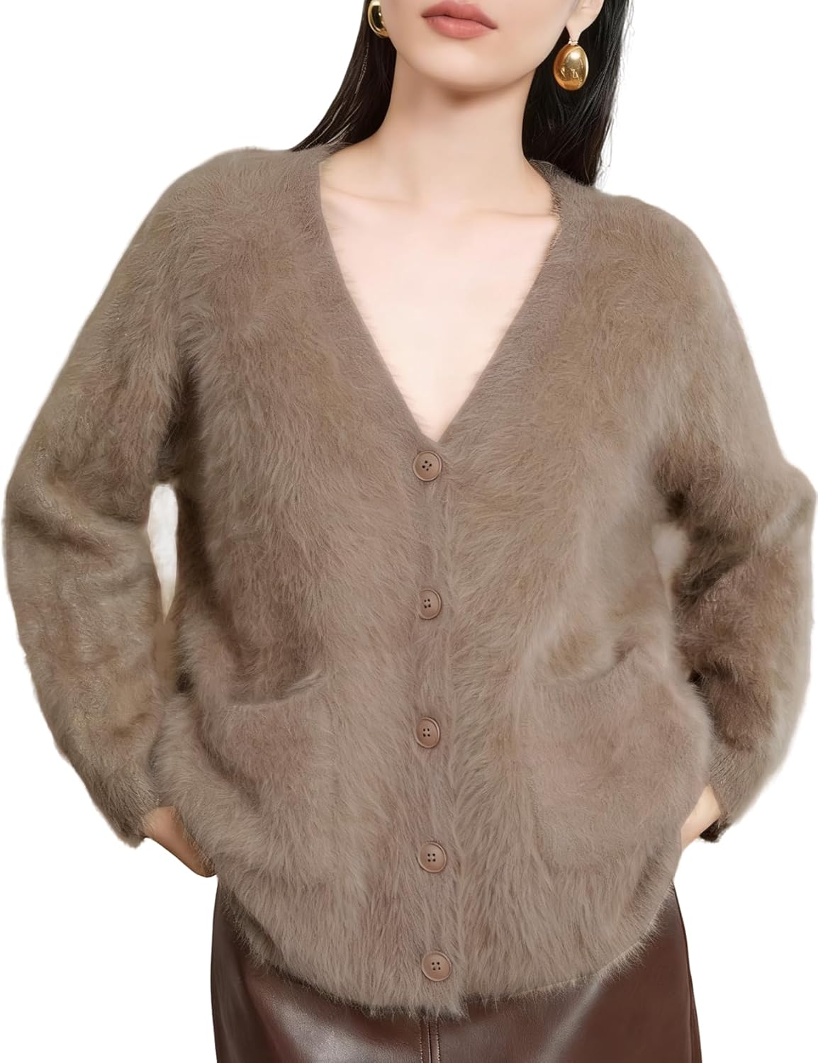 Women's Chunky Fuzzy Cardigan V Neck Slouchy Mohair Sweaters Long Sleeve Button Down Knit Furry Sweater Coat
