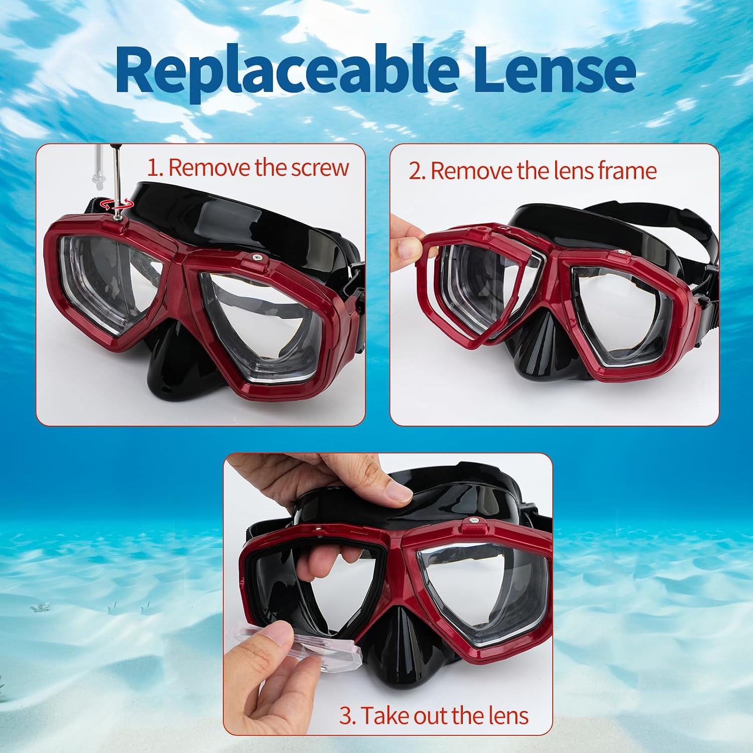 Replaceable Nearsighted Transparent Lens for Snorkeling Gear, Snorkel Mask Nearsighted for Scuba Diving, Snorkeling, Freediving