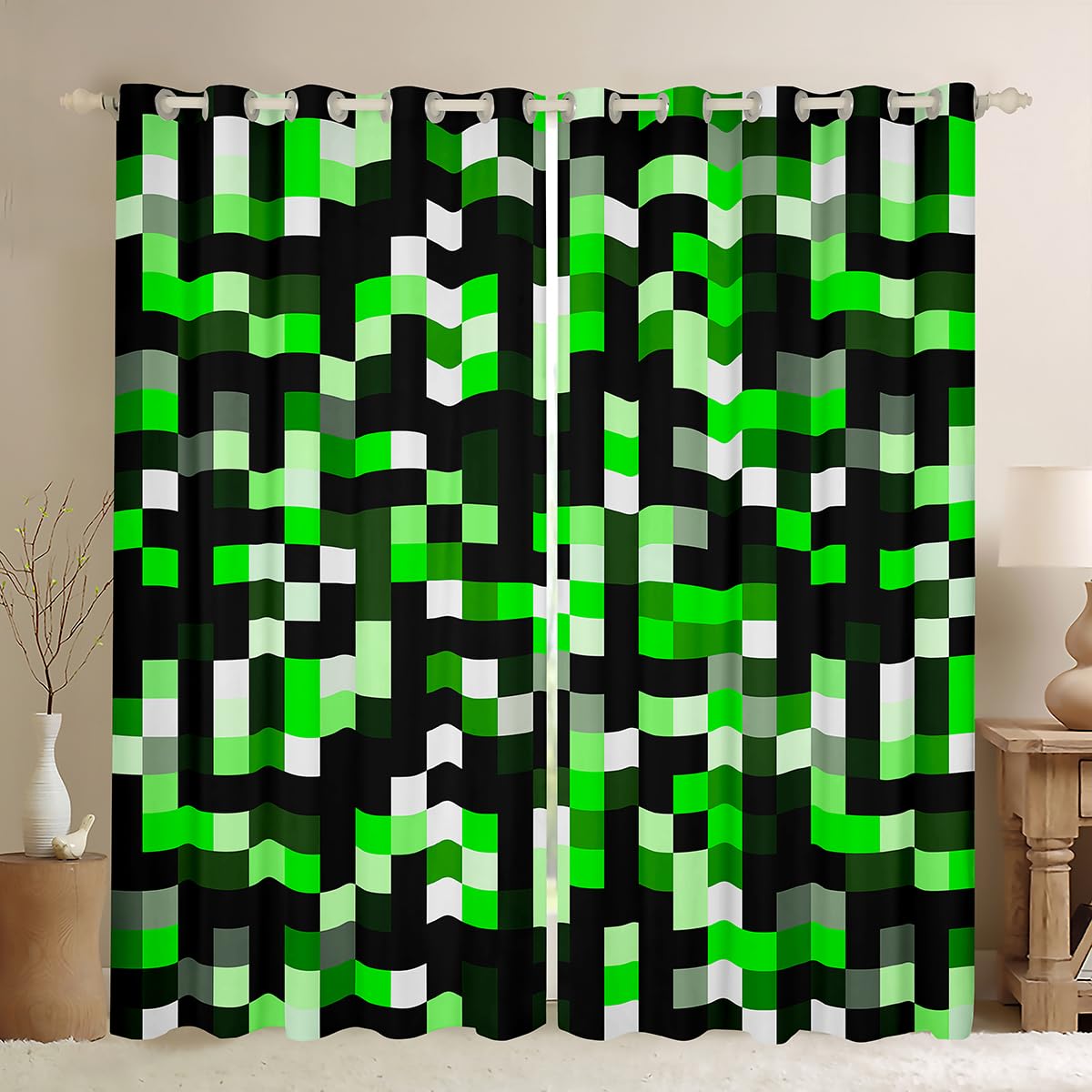Rideau de fenêtre pixelisé vert Manfei pour chambre de gamer