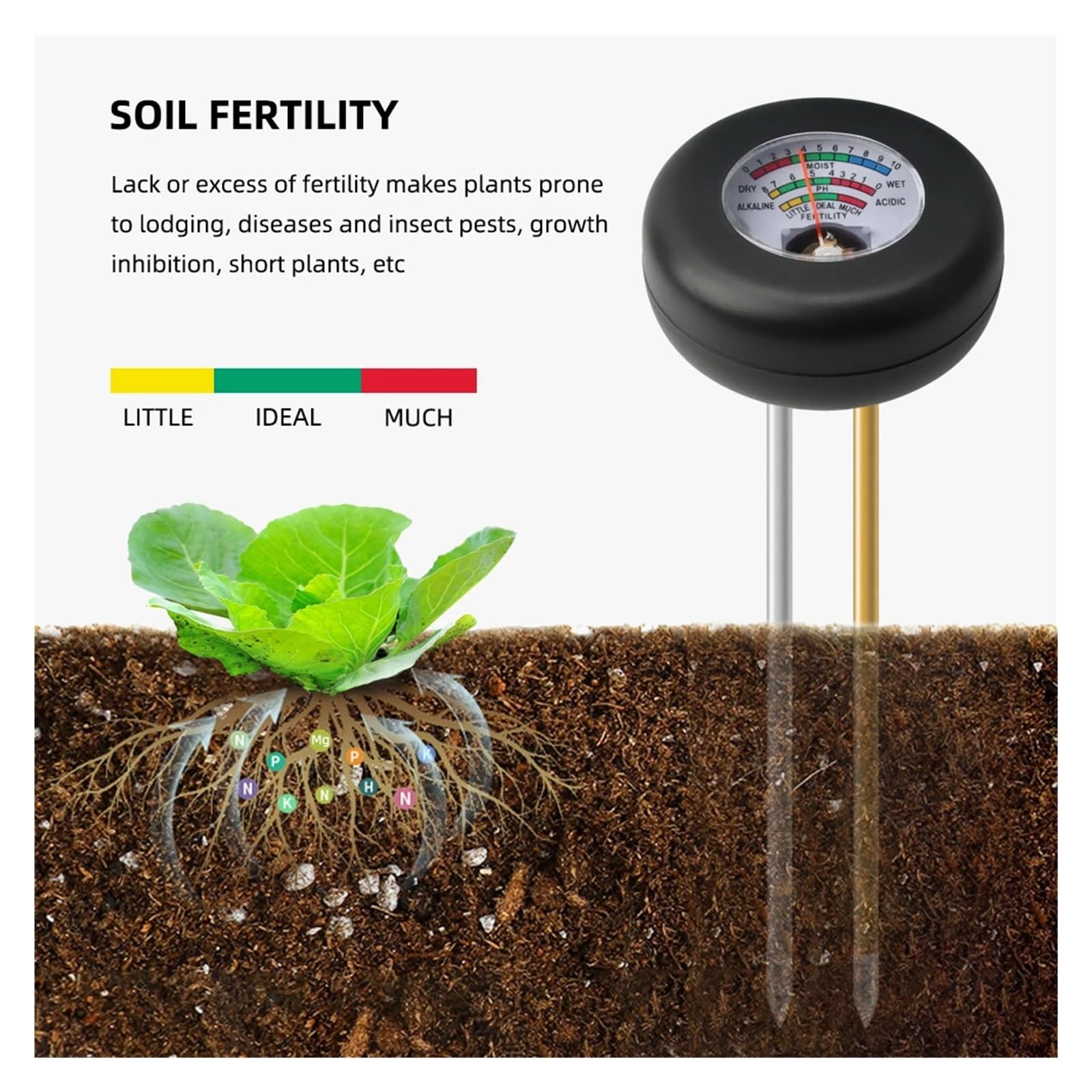 Medidor de humedad del suelo Medidor De PH Del Suelo, Detector De Sensor De Humedad Con Modo De Sonda Dual De Metal, Analizador De Fertilidad Del Suelo For Plantas De Jardín, Flores Y Verduras Fiable